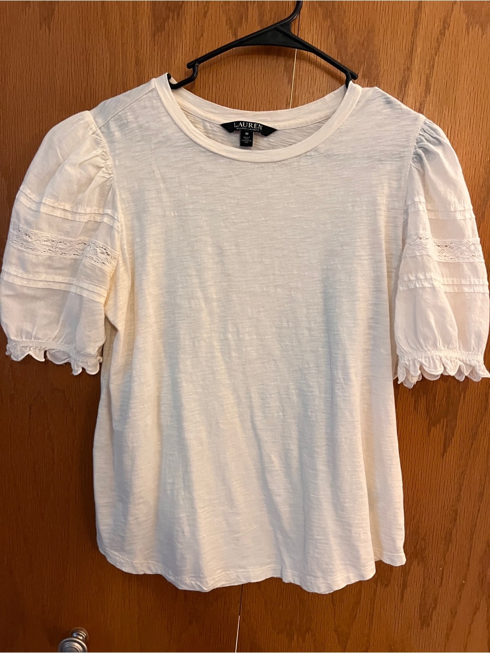 Ralph Lauren Cream Puff Sleeve Lace-Trim Tee